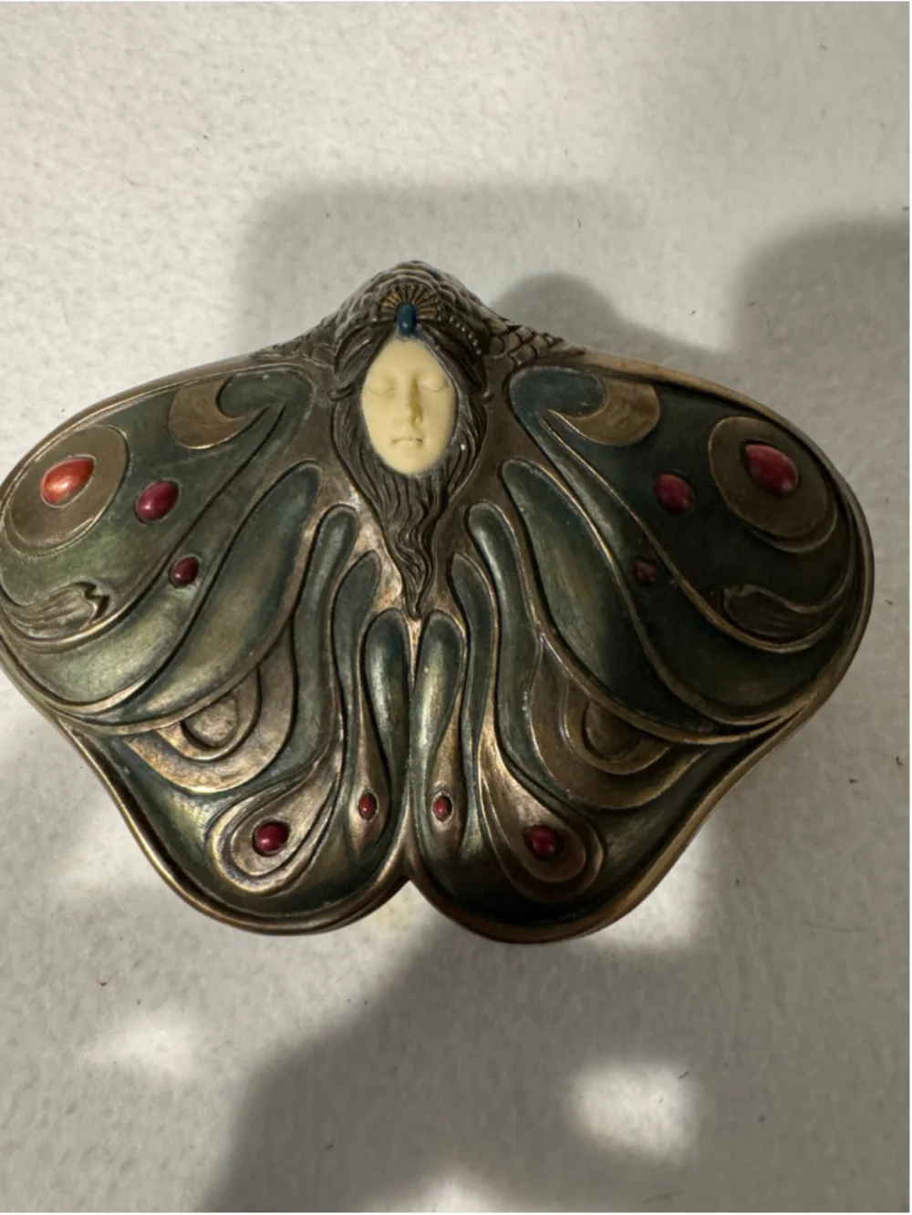 Veronese Art Nouveau Style Butterfly Princess Jewelry Box Brass Green Red